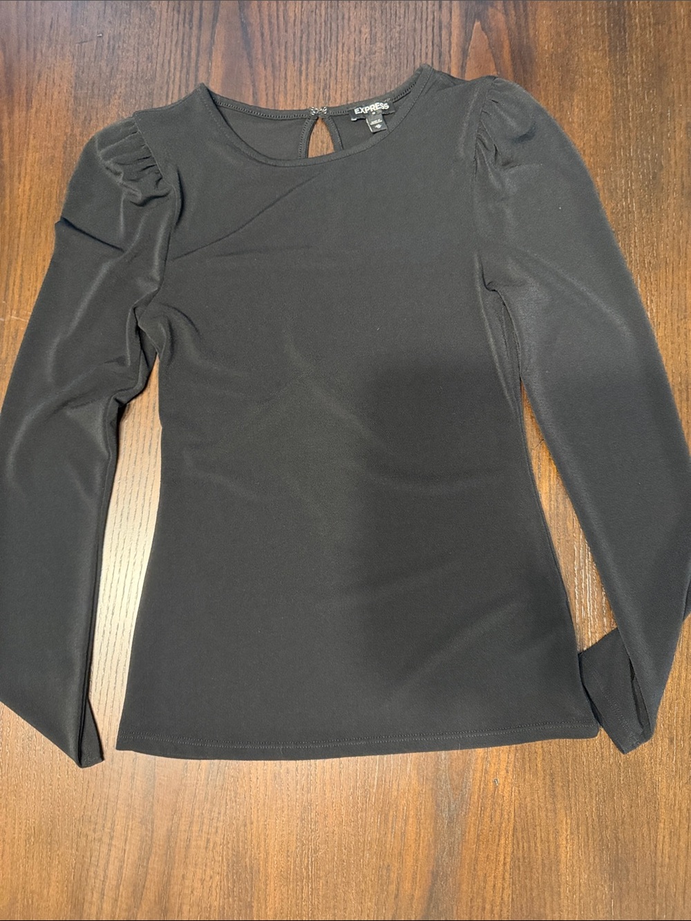 Express Black Long Sleeve Puff Shoulder Top with Keyhole Back